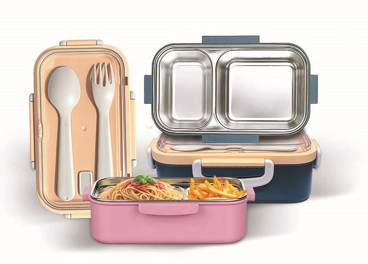 Lillu 15 oz Aura Divided Stainless Steel Bento Box with Cutlery Set